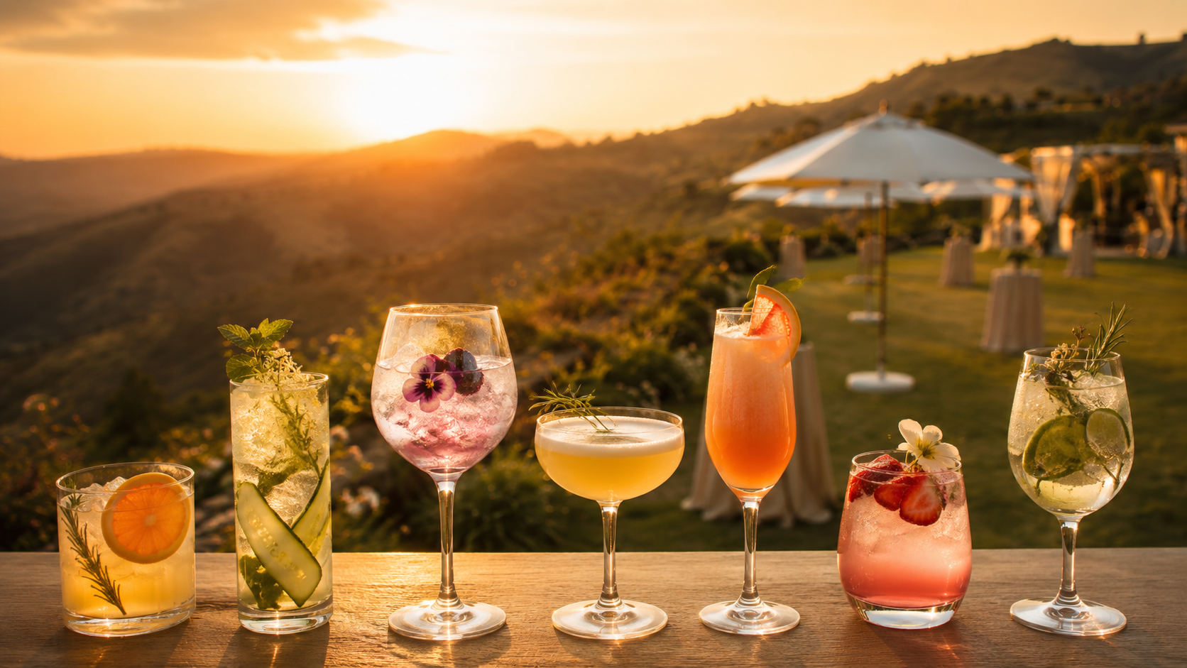 Cocktails on a wooden bar top as the sun sets over the valley