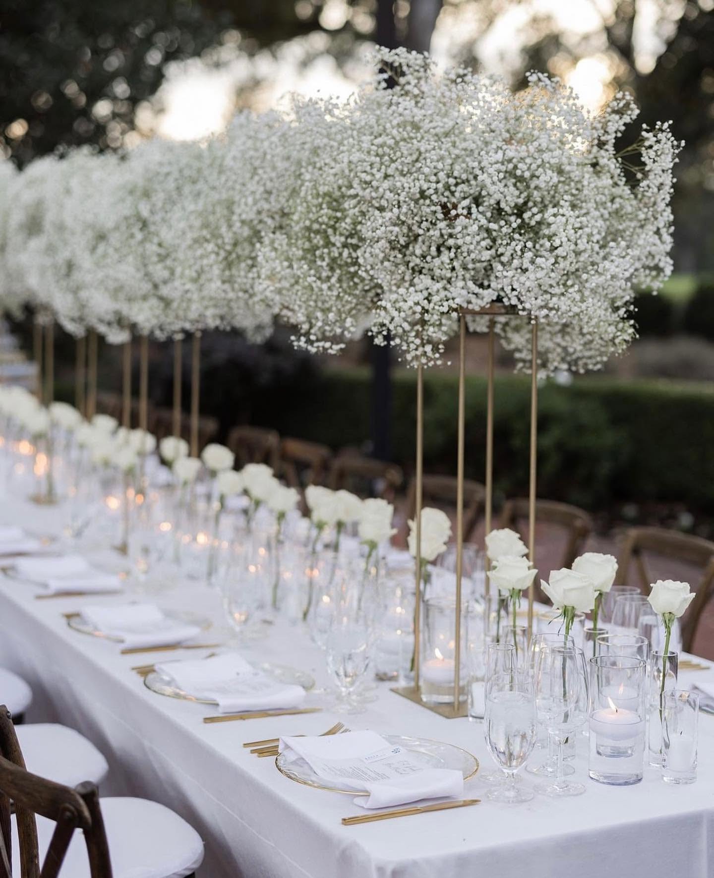 Long table with tall baby’s breath and candlelight
