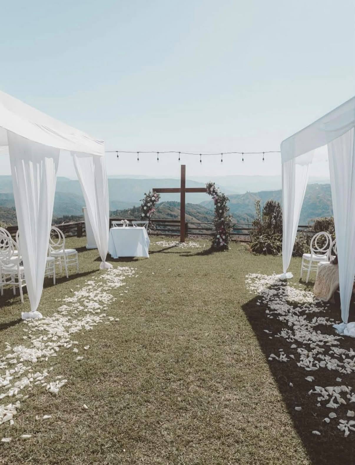 Outdoor ceremony on the lawn with white chairs and a petal aisle