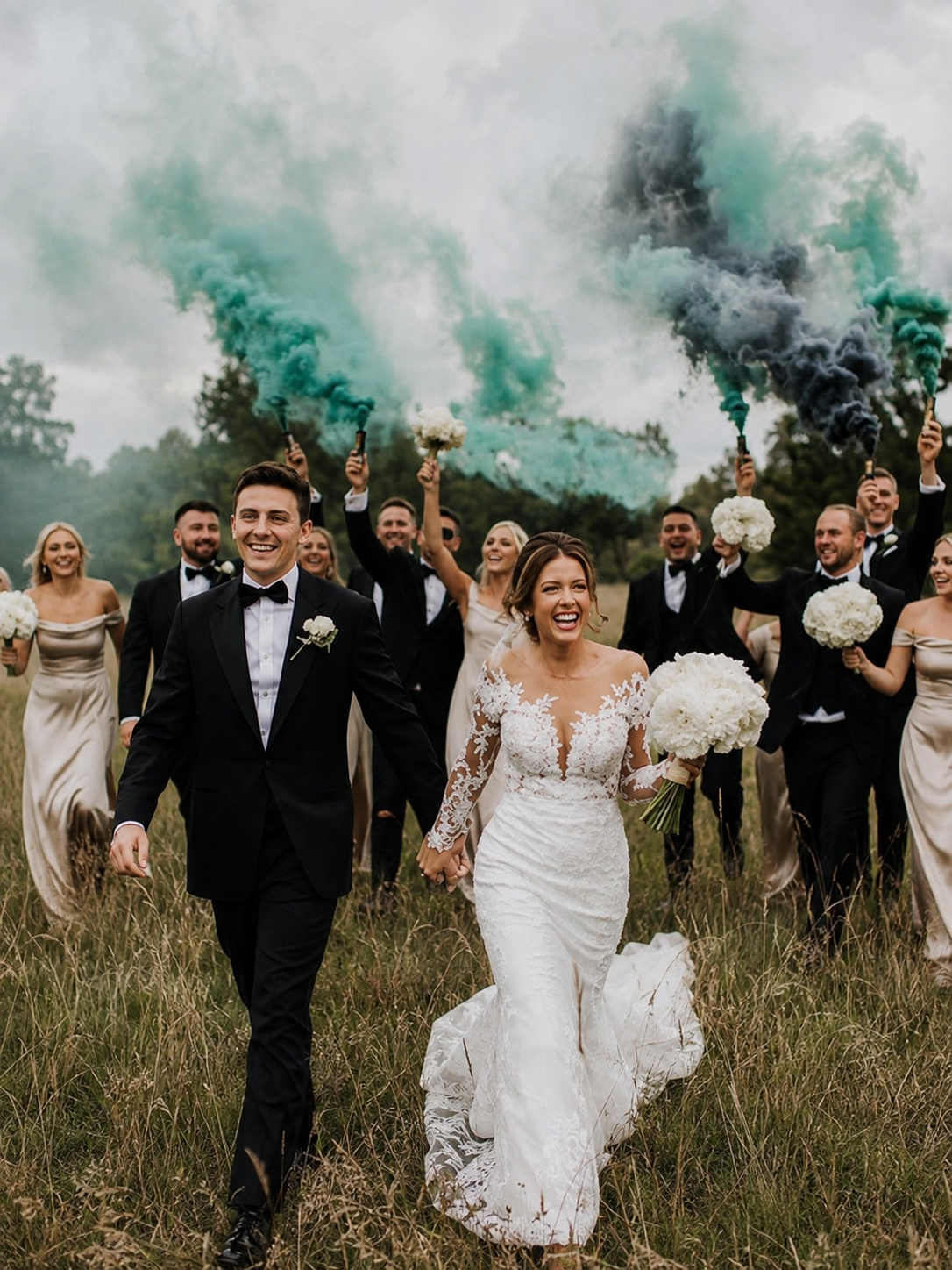 A wedding party walking through the field with smoke flares