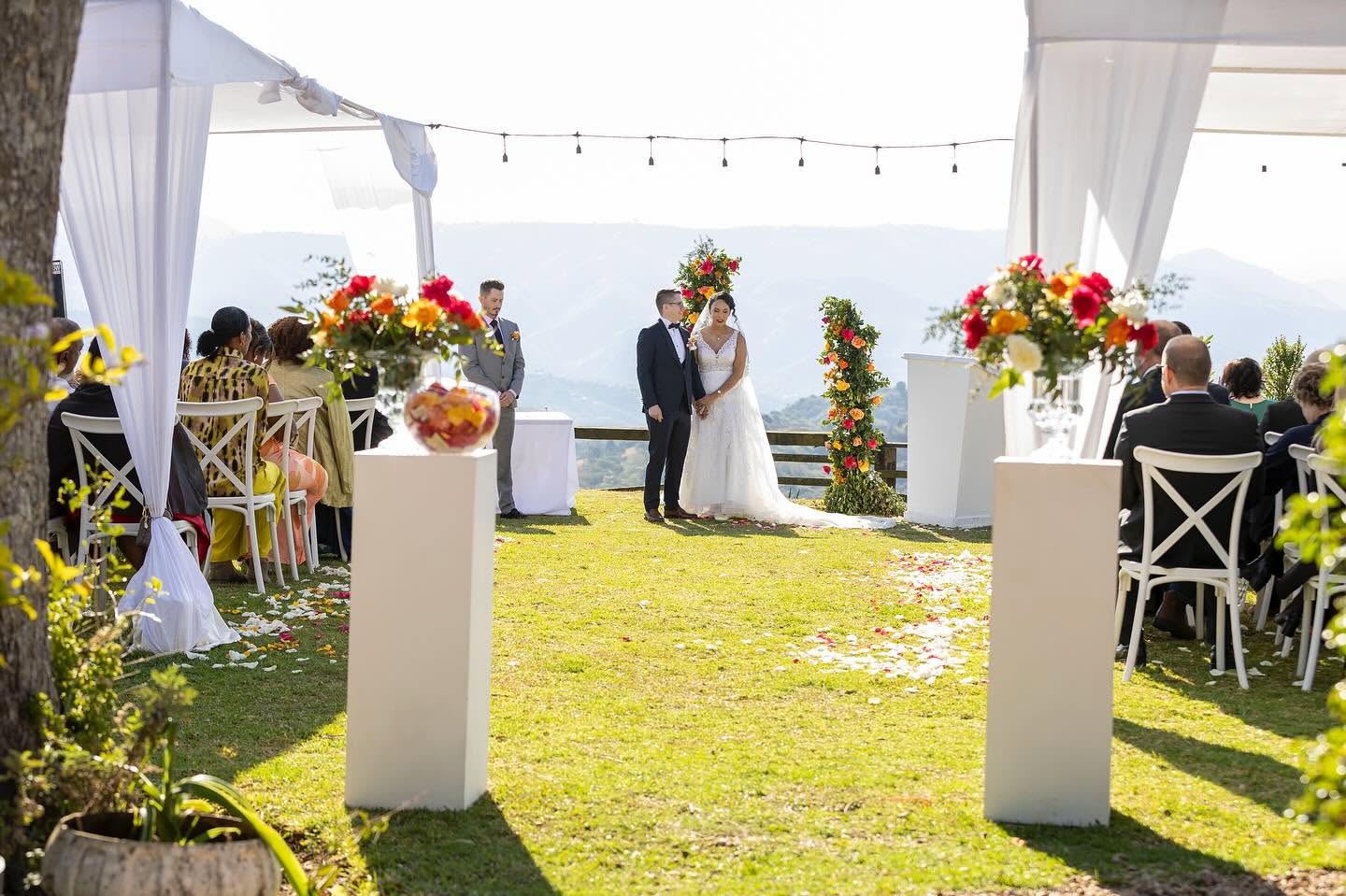 Ceremony with citrus florals and petal-lined aisle on the lawn