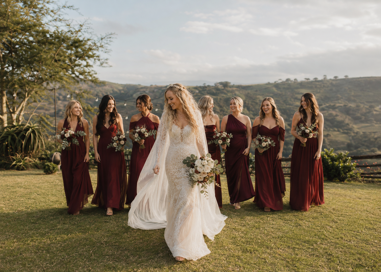 A bride and her bridesmaids walking the lawn with the valley behind them