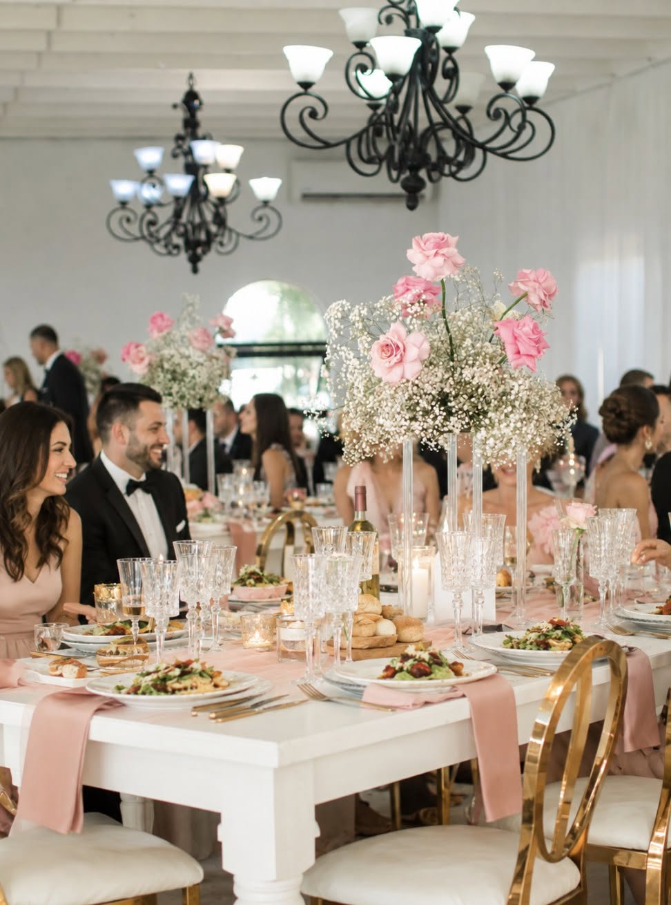 Guests seated at a long banquet table with floral centrepieces