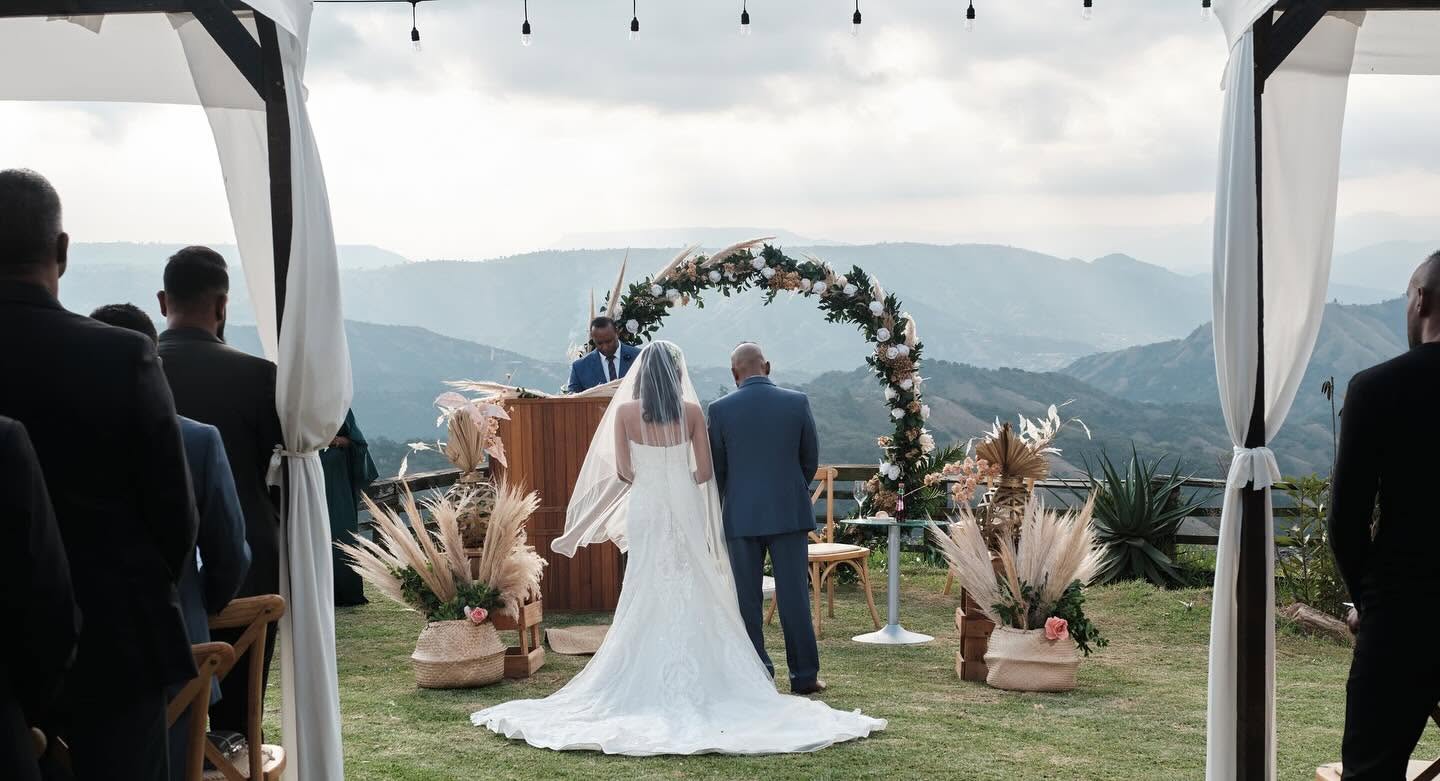 A bride walking to a pampas and rose arch above the hills