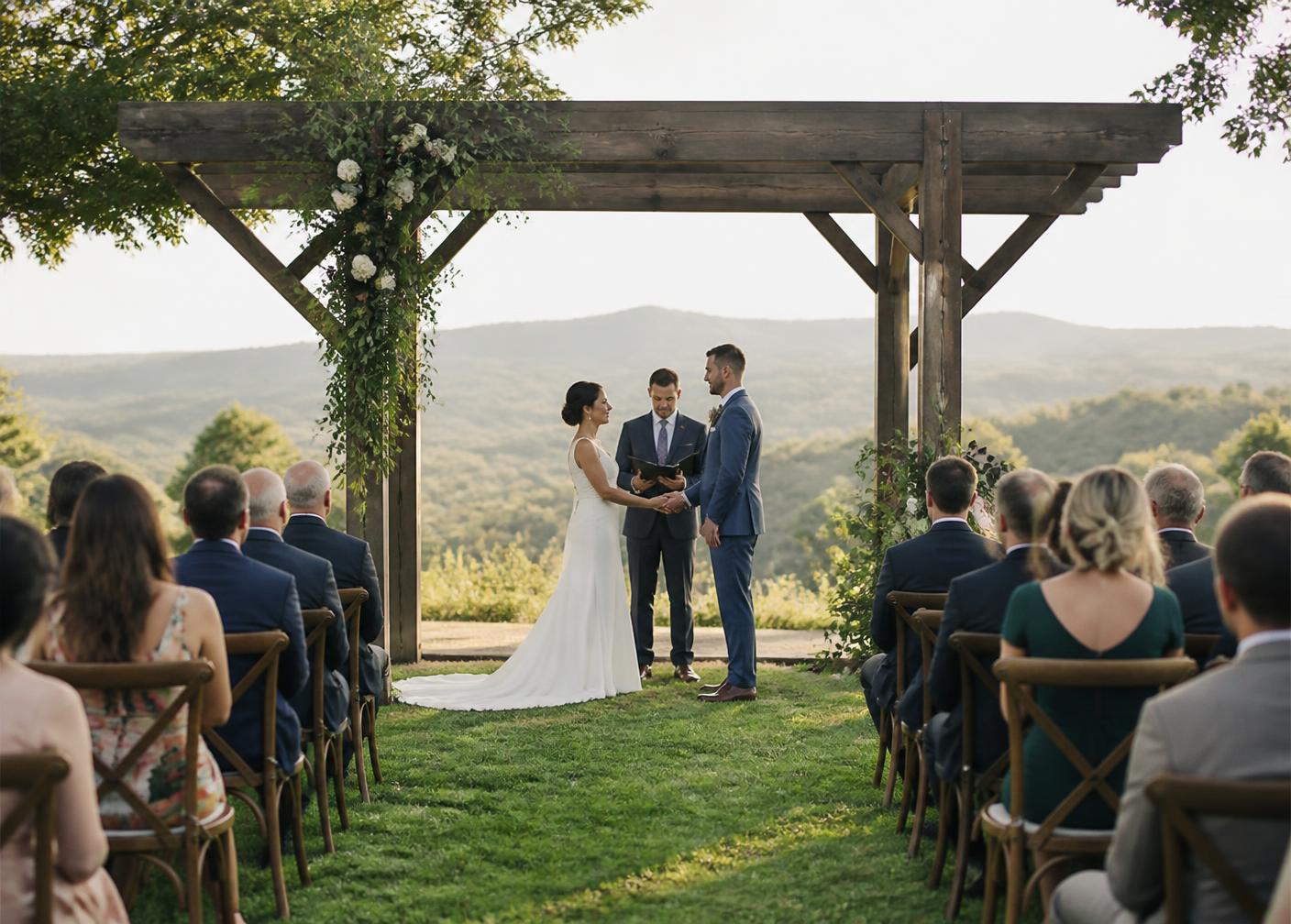 Ceremony beneath a timber arch overlooking the hills