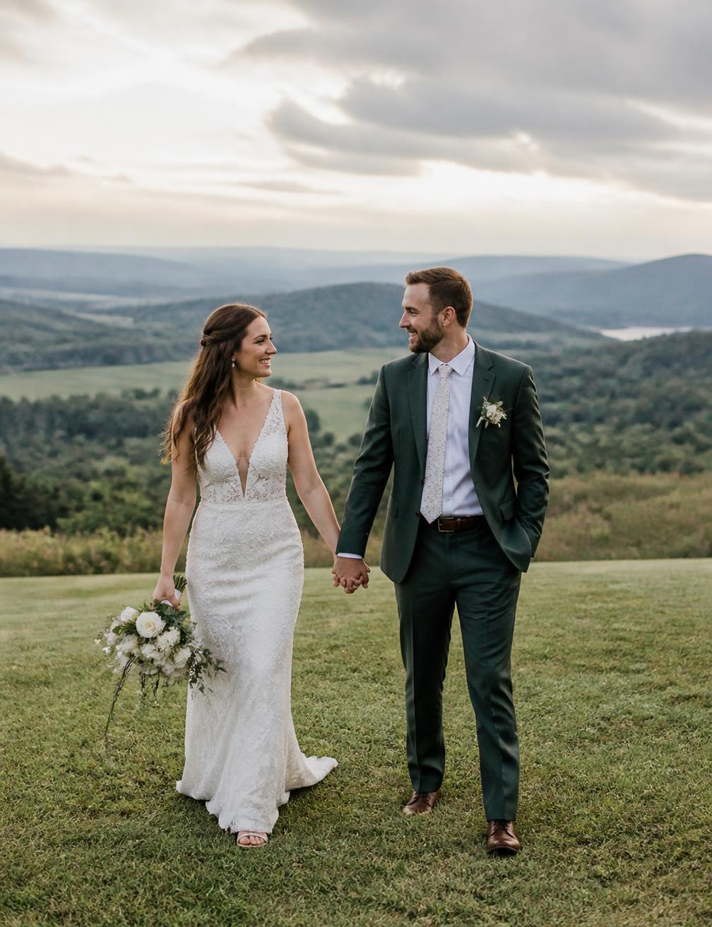 A couple walking the lawn at golden hour